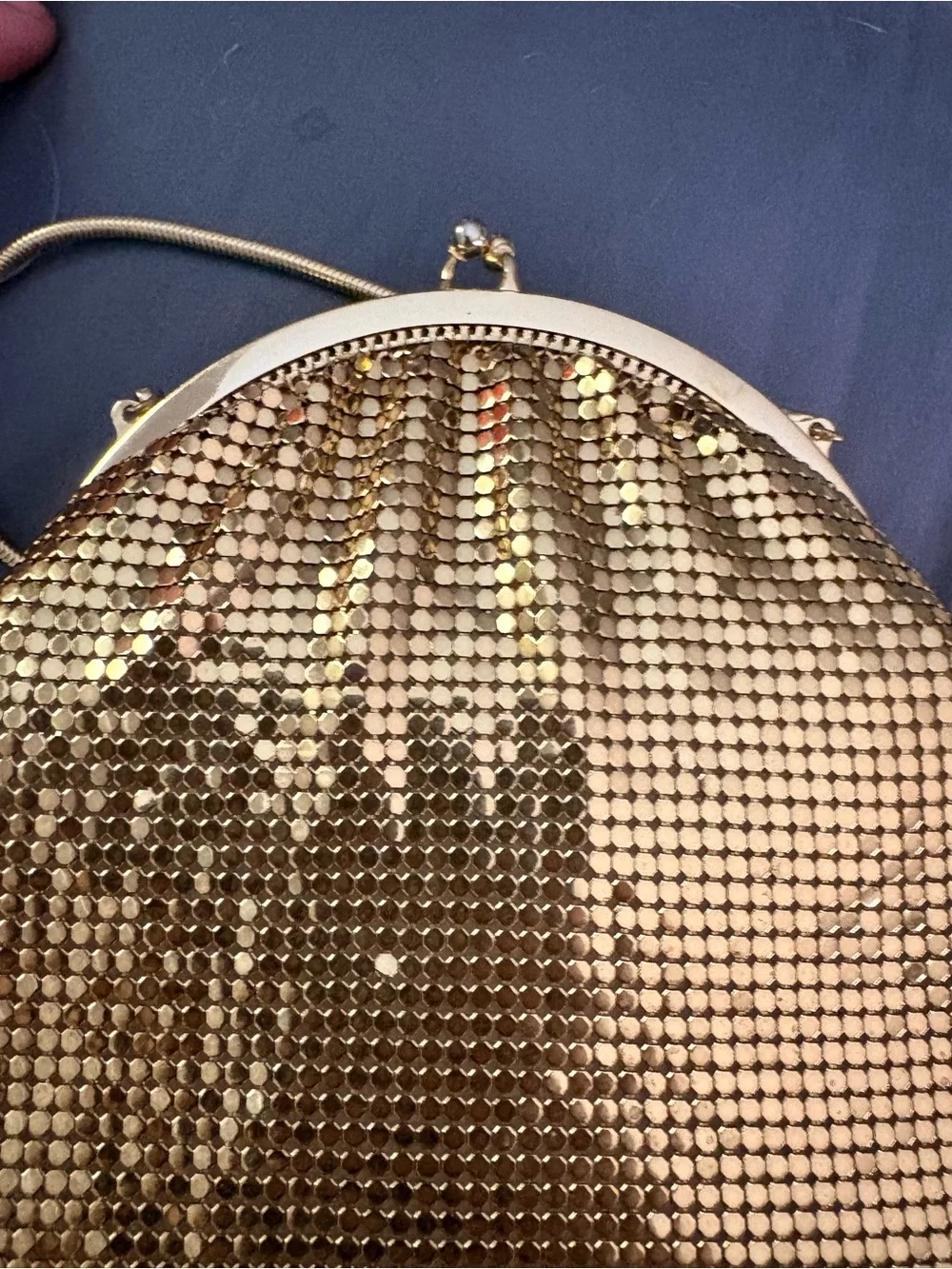 VTG 1960s Whiting Davis Gold Mesh Frame Evening Bag Chain & Crystal Design RARE